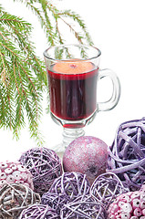 Image showing Red mulled wine and xmas decorations