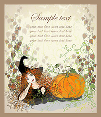 Image showing Halloween witch. Greeting card with witch and pumpkin.