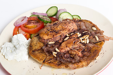 Image showing Musakhan with salad and yoghurt