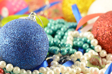 Image showing blue and red christmas balls with diamonds set, new year decoration