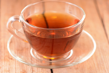 Image showing A cup of tea on wooden background