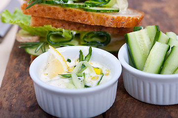 Image showing fresh vegetarian sandwich with garlic cheese dip salad