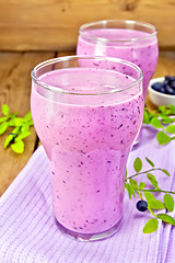 Image showing Milkshake with blueberries in glasses on board