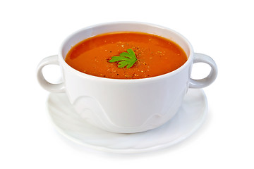 Image showing Soup tomato in white bowl with parsley
