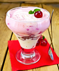 Image showing Dessert milk with cherry on paper napkin