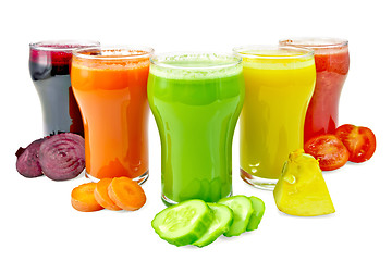 Image showing Juice vegetable in five glasses with vegetables