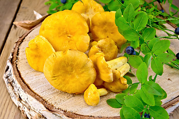 Image showing Chanterelles with blueberries on birch billet