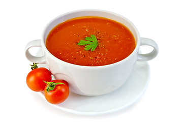 Image showing Soup tomato in white bowl with tomatoes