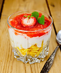 Image showing Dessert milk with strawberry and flakes in glass