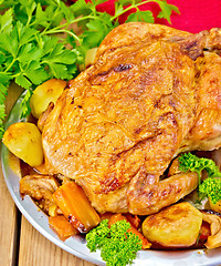 Image showing Chicken baked with vegetables in dish on board