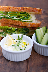 Image showing fresh vegetarian sandwich with garlic cheese dip salad