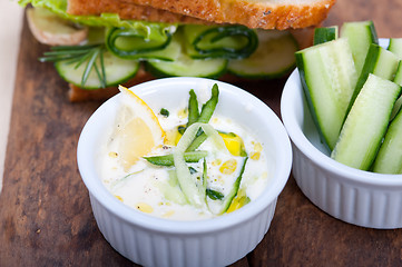 Image showing fresh vegetarian sandwich with garlic cheese dip salad