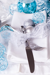 Image showing Stylish blue and silver Christmas table setting