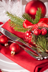 Image showing Red themed Christmas place setting