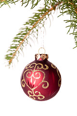 Image showing Christmas ball hanging from a branch of a fir tree