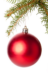 Image showing Christmas ball hanging from a branch of a fir tree