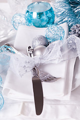 Image showing Stylish blue and silver Christmas table setting