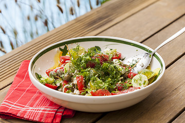 Image showing Bowl of Marinated Greek Salad with Red Napkin