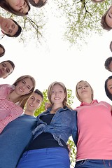 Image showing young friends staying together outdoor in the park