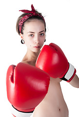 Image showing Beautiful nude girl with frecles in boxing gloves