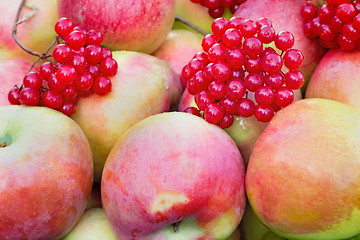 Image showing Large ripe apples and berries, photographed close up.