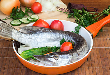 Image showing Fish and components for her preparation: vegetables, spices, par