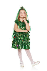 Image showing Pensive Girl in Christmas tree costume