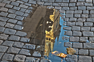 Image showing Astronomical clock in Prague in puddle