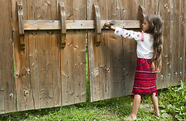 Image showing Little girl opens the gate