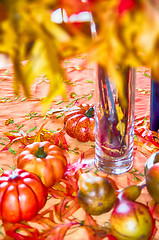 Image showing autumn harvest with pumpkins on table