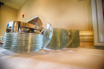 Image showing Chafing Dish and glass plates  at buffet
