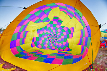 Image showing Colorful hot air balloons at festival 