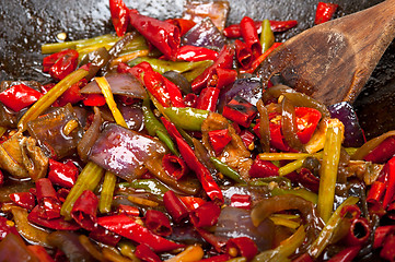 Image showing fried chili pepper and vegetable on a wok pan