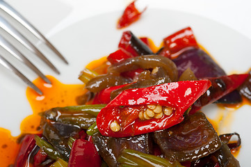 Image showing fried chili pepper and vegetable on a wok pan