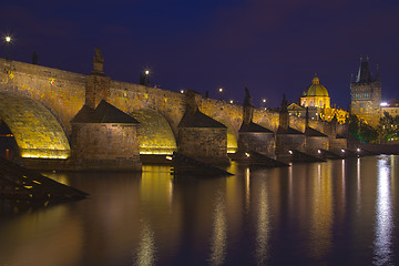 Image showing Night view of Charles Bridge and Vltava