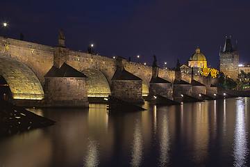 Image showing Night view of Charles Bridge and Vltava