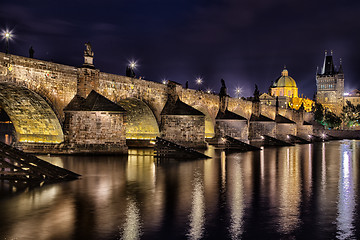 Image showing Night view of Charles Bridge and Vltava