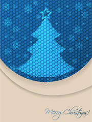 Image showing Blue christmas greeting card with scribbled tree and hexagon bac