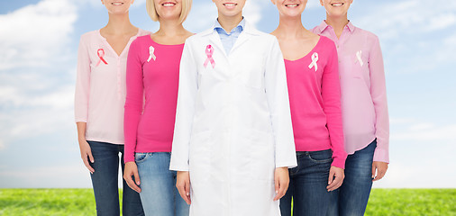 Image showing close up of women with cancer awareness ribbons