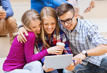 Image showing group of students with tablet pc and coffee cup