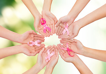 Image showing close up of hands with cancer awareness symbol