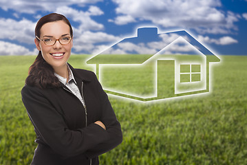 Image showing Woman and Grass Field with Ghosted House Figure Behind