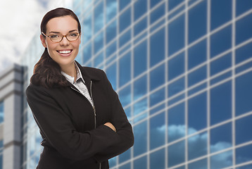 Image showing Confident Attractive Mixed Race Woman in Front of Corporate Buil