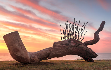 Image showing Sculpture titled Currawong, showing details hardwoods against su