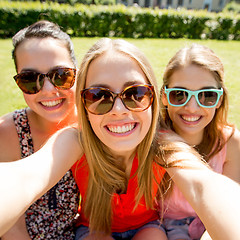 Image showing group of smiling teen girls taking selfie in park