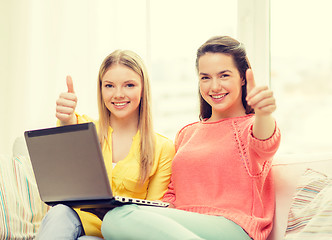 Image showing two smiling teenage girls with laptop at home