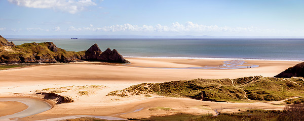 Image showing Three cliffs bay panorama