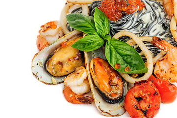 Image showing Black Pasta with sea food and basil