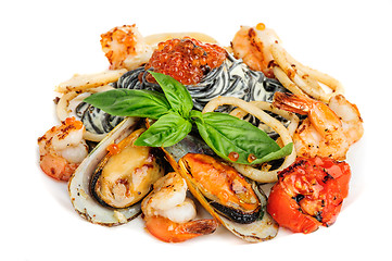 Image showing Black Pasta with sea food and basil