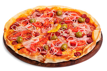 Image showing two whole pizzas on wooden table